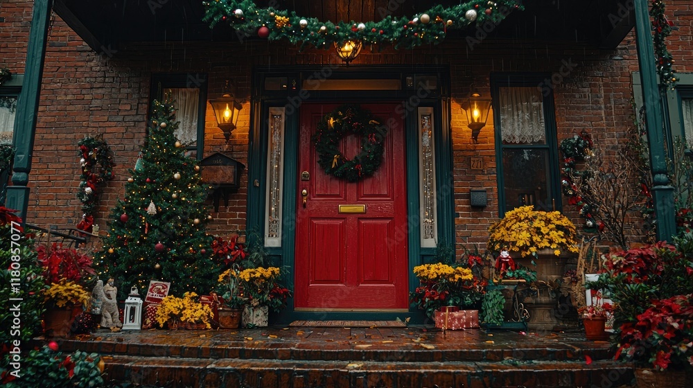 Fototapeta premium Festive Christmas Decorated Brick House Entrance