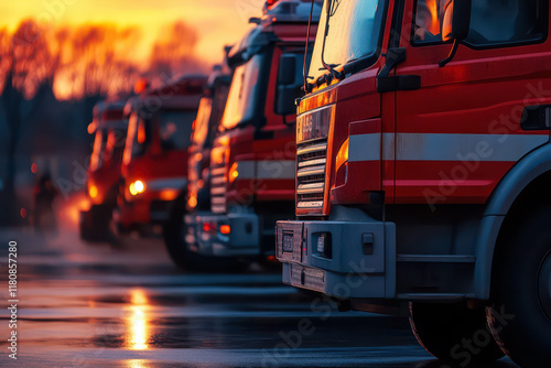 Honoring heroes on international firefighters day at sunset. Horizontal banner. Copy space. Dangerous and risky professions, rescue service photo