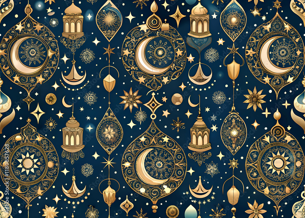 Islamic Art Pattern. Golden Moon and Stars on Midnight Blue Islamic Art Pattern. Golden Moon and Stars on Midnight Blue