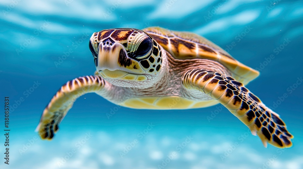 Obraz premium Juvenile Sea Turtle Swimming Underwater in Vibrant Blue Ocean