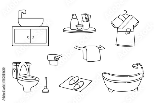 set of shower room bathroom icons hand drawn, doodle elements, vector illustrations. bathtub, sink, plunger, toilet, slippers, toilet paper, towel, soap, bathrobe 