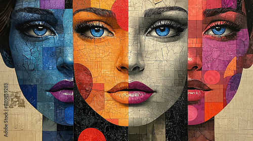 Abstract portrait of four women with vibrant geometric patterns.