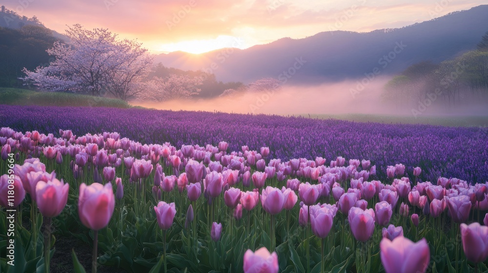 A serene landscape featuring vibrant tulips and cherry blossoms at sunrise.