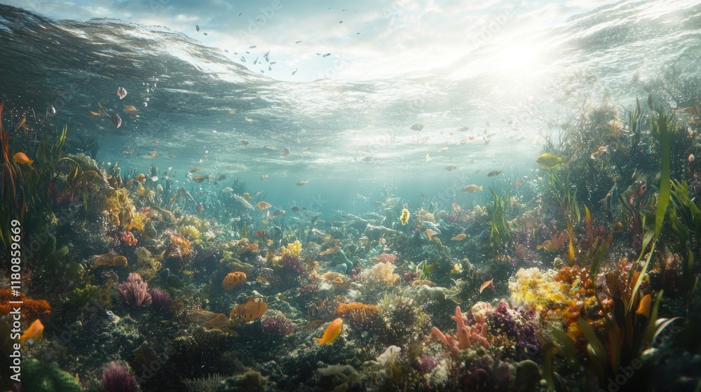 Underwater scene showcasing vibrant marine life and coral reefs. Underwater scene showcasing vibrant marine life and coral reefs.