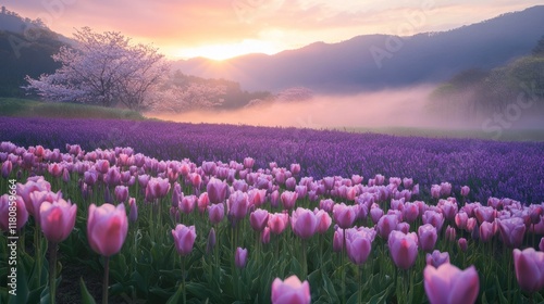 A serene landscape featuring vibrant tulips and cherry blossoms at sunrise.