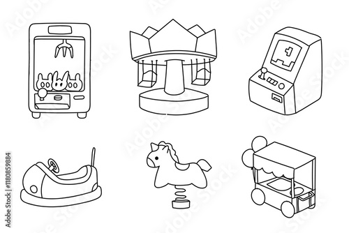 Set of games indoor and amusement park carnival icons hand drawn, doodle elements, vector illustrations. Carousels, ferris wheel, arcade, bumper car, claw machine, entertainment park playground