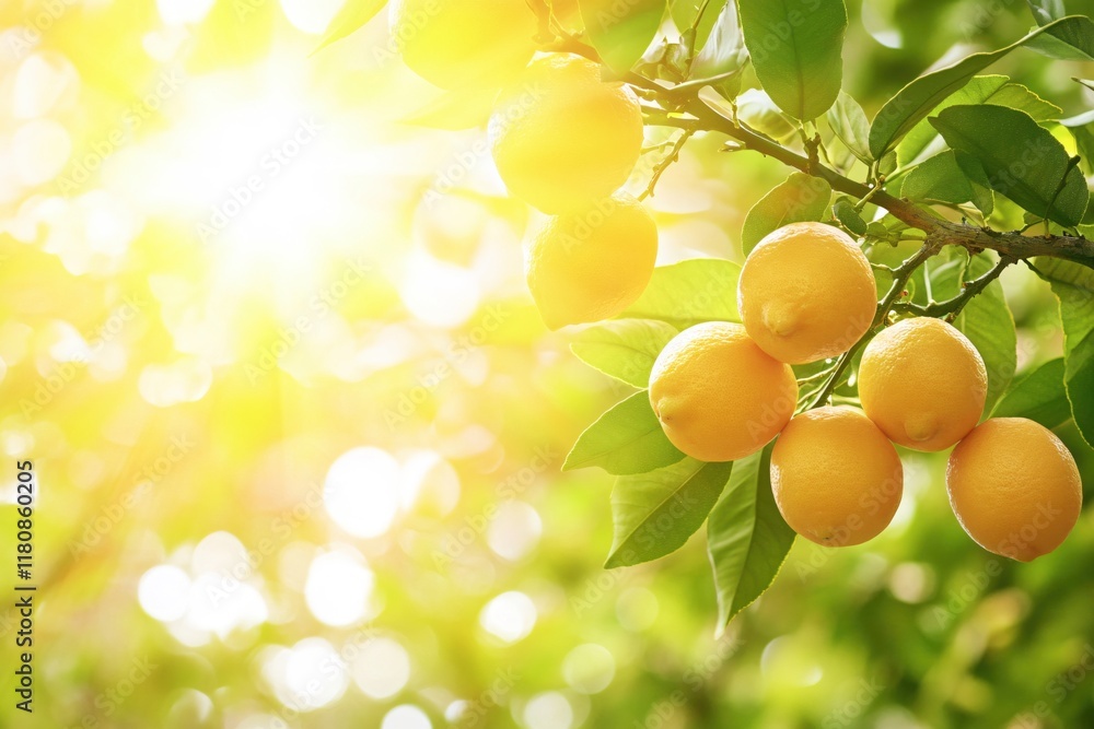 Fresh Citrus Fruits on Tree Branch with Sunlight and Bokeh Background Fresh Citrus Fruits on Tree Branch with Sunlight and Bokeh Background