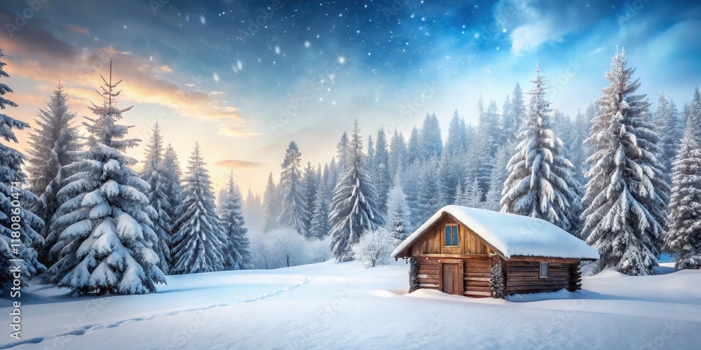 A serene winter landscape with a snow-covered cabin and trees in the background A serene winter landscape with a snow-covered cabin and trees in the background