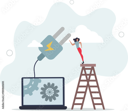 Connect to cloud computing, technology to share secured file and communicate with team while working remotely,flat characters.