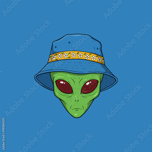 A stylized cartoon illustration of an alien head wearing a blue bucket hat decorated with flowers.