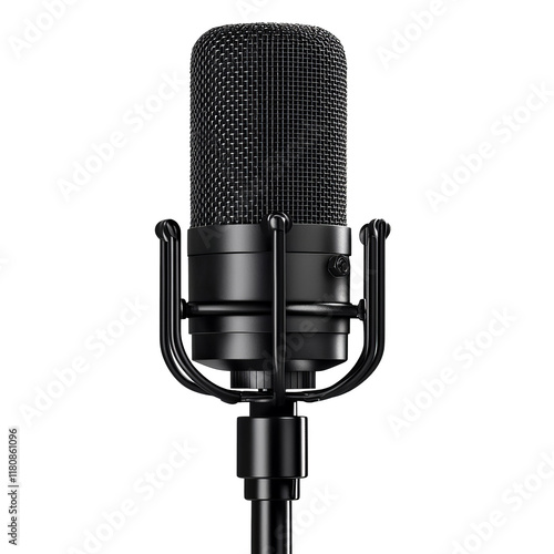 Dynamic black microphone on a white isolated background, ideal for music and podcasting setups.
