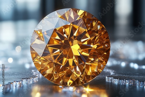 Brilliant golden diamond sparkling on elegant surface with intricate reflection details in soft light photo