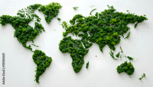 A world map created with fresh green leaves symbolizing environmental awareness, sustainability, and nature conservation, ideal for eco-conscious projects and green initiatives. photo