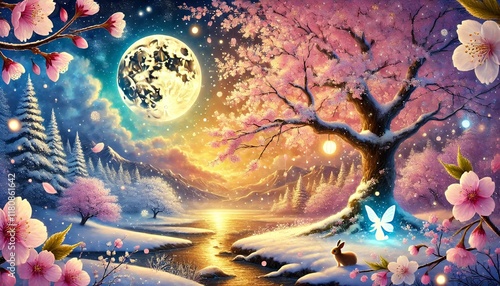 Golden Moonlit Sakura and Snowflakes in a Dreamy Fantasy Spring Landscape