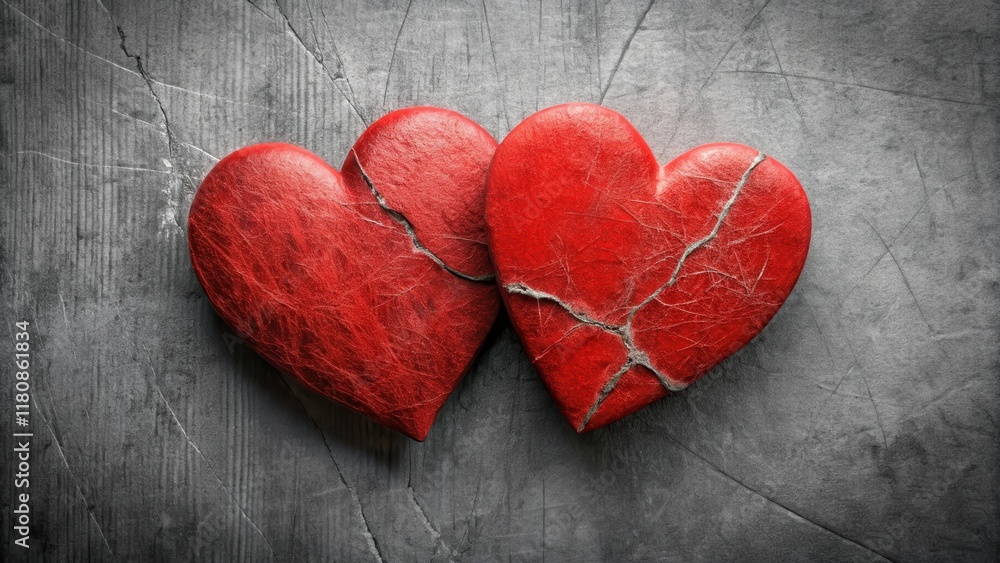 Obraz premium Two red hearts intertwined as a single symbol with subtle cracks and frayed edges, bond, closeness , bond