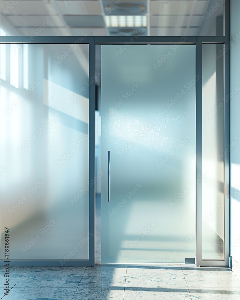 Modern glass door and wall with frosted privacy design in a bright office space. Modern glass door and wall with frosted privacy design in a bright office space.