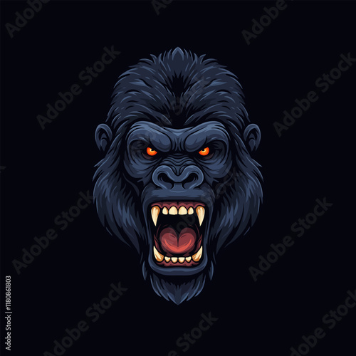 A stylized illustration depicts an angry gorilla head with bared teeth and glowing orange eyes against a dark background.