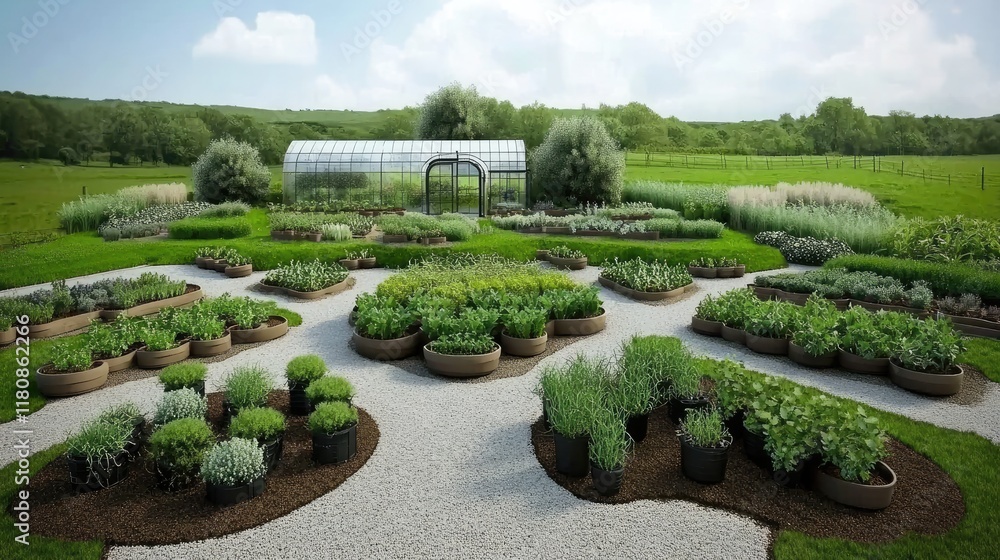 A lush garden layout featuring various plants and a greenhouse in a scenic landscape. A lush garden layout featuring various plants and a greenhouse in a scenic landscape.