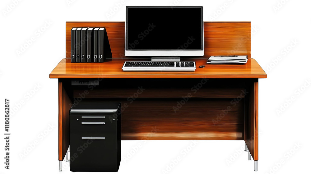 Modern office desk setup with computer, files, and a drawer cabinet, on a white isolated background. Modern office desk setup with computer, files, and a drawer cabinet, on a white isolated background.