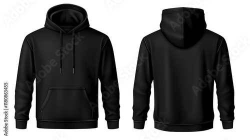 Stylish black hoodie, front and back view, on a white isolated background.