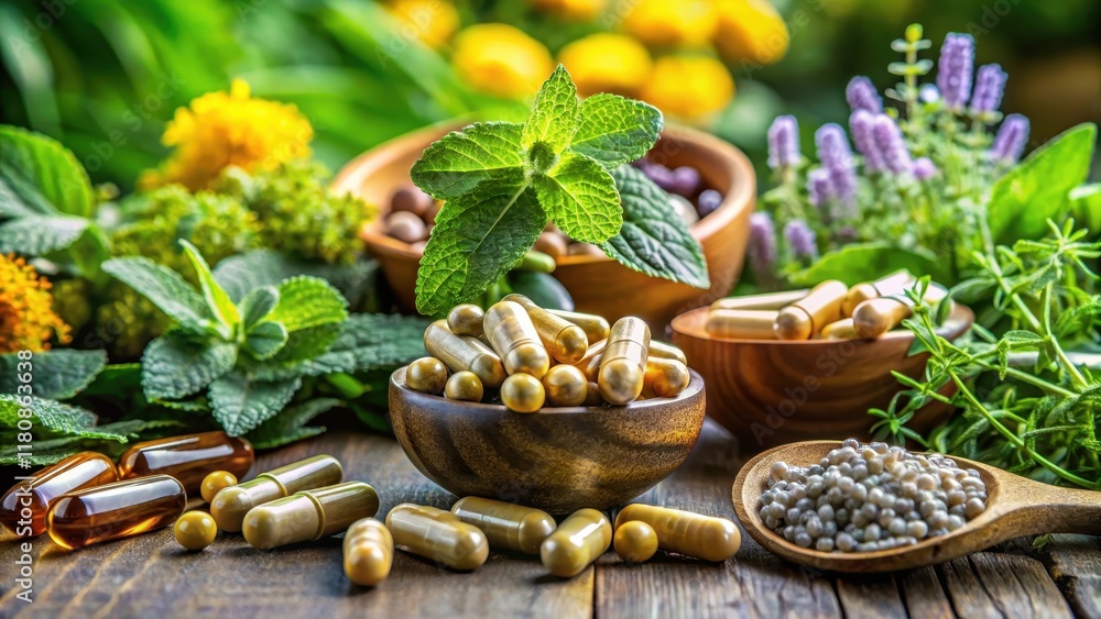 Fototapeta premium Aromatic Capsules amidst lush greenery, plant-based medicines, herbalism, plant-based medicines