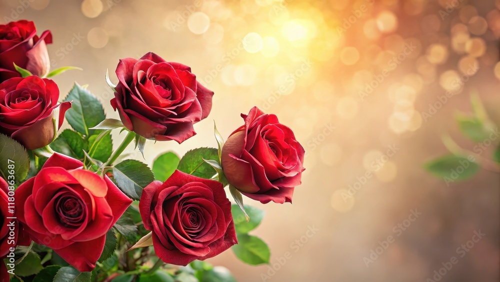 Velvety red roses on a soft peach background, with delicate green foliage and subtle golden light filtering through , roses, soft Velvety red roses on a soft peach background, with delicate green foliage and subtle golden light filtering through , roses, soft