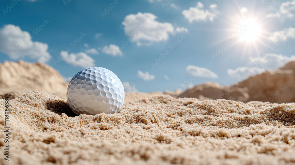 close up of golf ball in sand trap with sunlight shining brightly close up of golf ball in sand trap with sunlight shining brightly