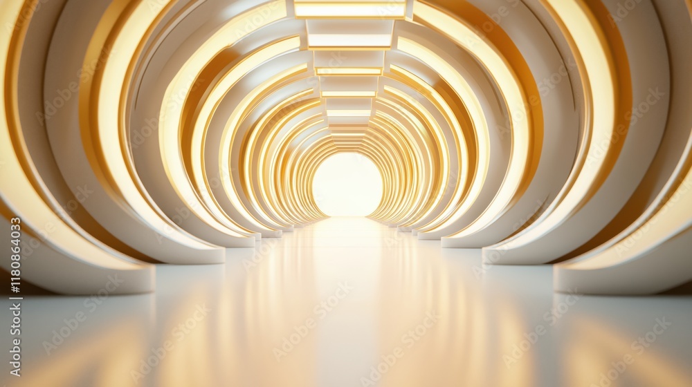 Fototapeta premium Bright tunnel with smooth curves leading to a glowing light at the end invites curiosity and exploration.