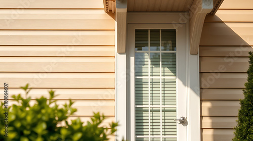 Beige vinyl siding on a house with a white framed window and mini-blind.  A small portion of green shrubbery is visible in the lower left corner. The sun casts shadows on the siding. photo