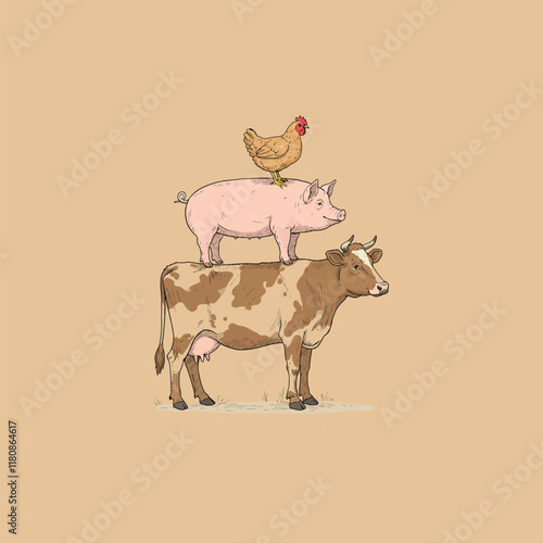 A whimsical illustration depicts a chicken perched on a pig which is balanced on a cow.