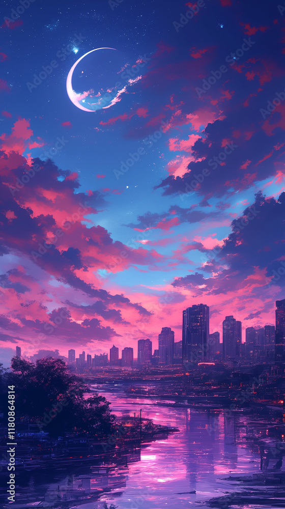 Naklejka premium 月と雲とビル群の夜景イラスト。都会を見渡せる絶景スポットを歩いている間隔になるイメージ。スマートフォン9:16のアスペクト比