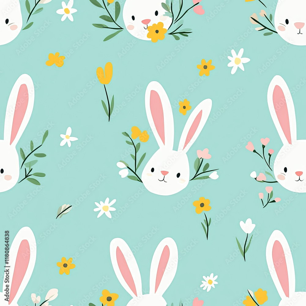 Cute bunny pattern with flowers on turquoise background Cute bunny pattern with flowers on turquoise background