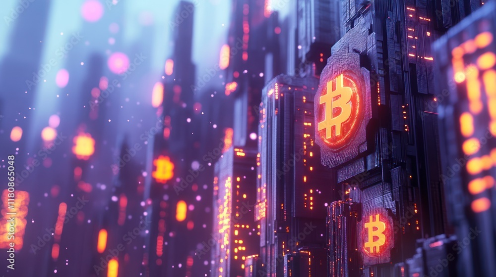 Obraz premium Futuristic Bitcoin Cityscape, glowing digital crypto mining