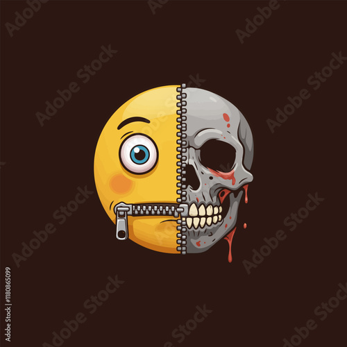 A graphic illustration depicts a split emoticon face with one half being a typical smiley and the other a bloody skull, zipped together.