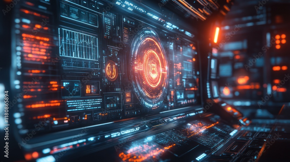 Futuristic Control Panel Interface, Sci-Fi, Red Orange, Data, Monitoring Futuristic Control Panel Interface, Sci-Fi, Red Orange, Data, Monitoring