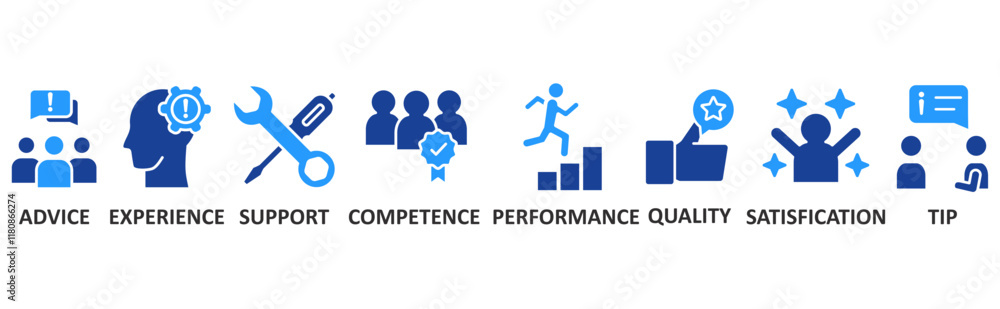 Service icon set illustration concept with icon of advice, experience, support, competence, performance, qaulity, satisfication, tip Service icon set illustration concept with icon of advice, experience, support, competence, performance, qaulity, satisfication, tip