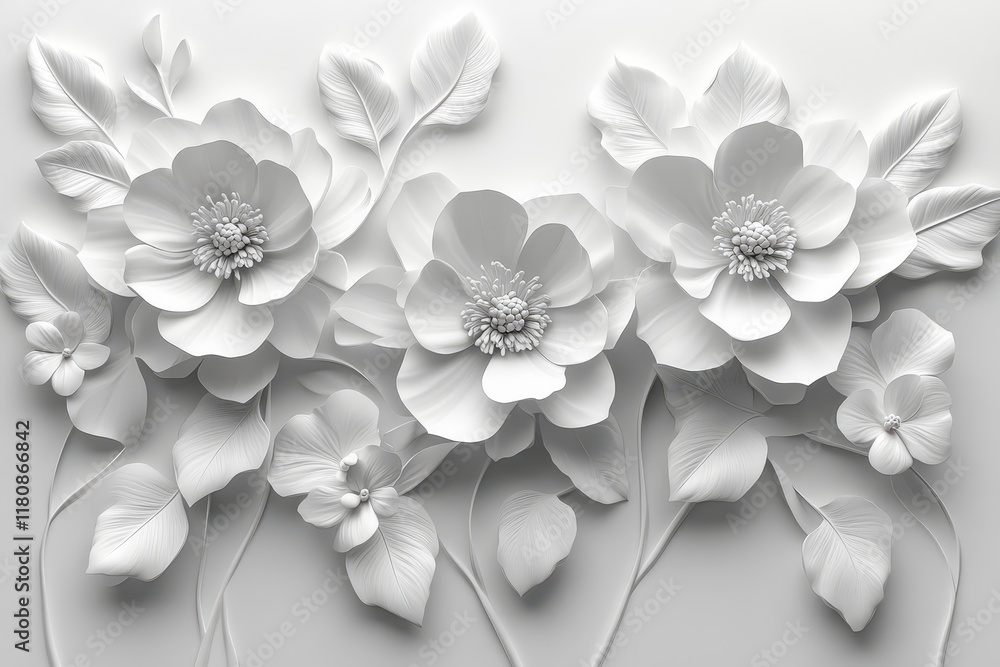 Elegant white floral relief sculpture showcasing intricate details and textures in a modern art setting Elegant white floral relief sculpture showcasing intricate details and textures in a modern art setting