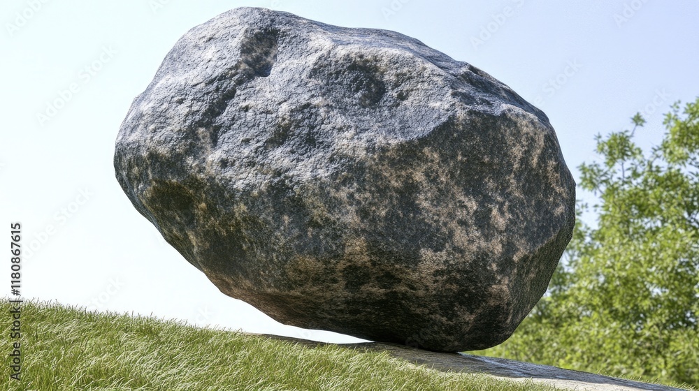 A large boulder balanced on a grassy slope under a clear sky. A large boulder balanced on a grassy slope under a clear sky.