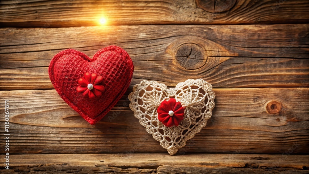 Fototapeta premium Two red hearts made of lace and flowers on a wooden background with a subtle sheen