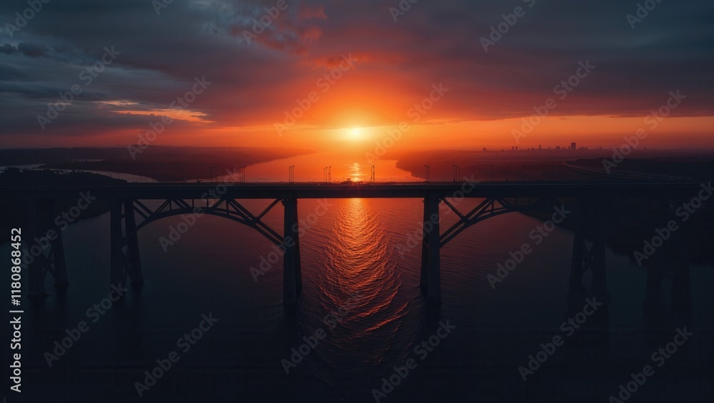 Fototapeta premium Stunning sunset over a bridge with vibrant colors reflecting on the water