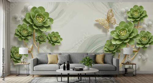 Nature-inspired mural with green and gold tones, bringing a touch of the outdoors indoors