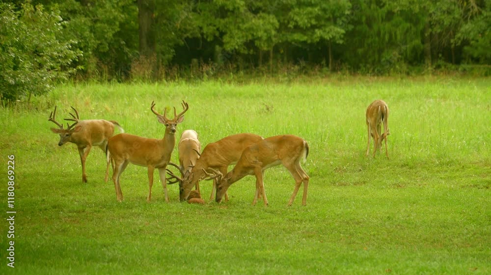 A small herd of Whitetail buck, some with very large antlers, share a deer lick in an open field until a larger buck moves in and chases the smaller ones away. A small herd of Whitetail buck, some with very large antlers, share a deer lick in an open field until a larger buck moves in and chases the smaller ones away.