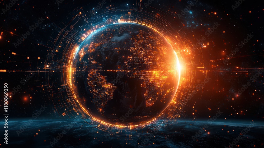Global network data flow, futuristic Earth, space backdrop, digital technology Global network data flow, futuristic Earth, space backdrop, digital technology