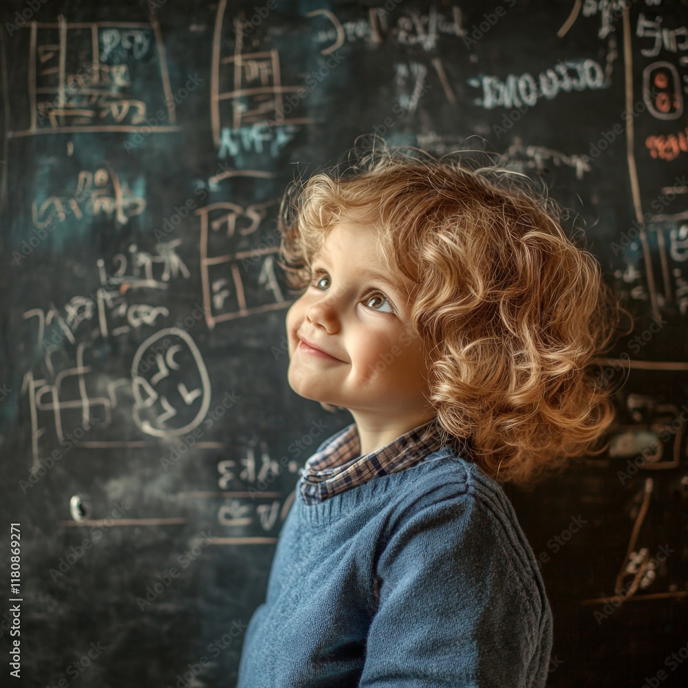 Curly Haired Child Gazing Upwards At Chalkboard Covered With Mathematical Formulas And Equations Curly Haired Child Gazing Upwards At Chalkboard Covered With Mathematical Formulas And Equations
