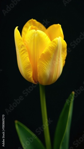 Yellow tulip bud tightly closed on a dark background, foliage, bloom #1180869270