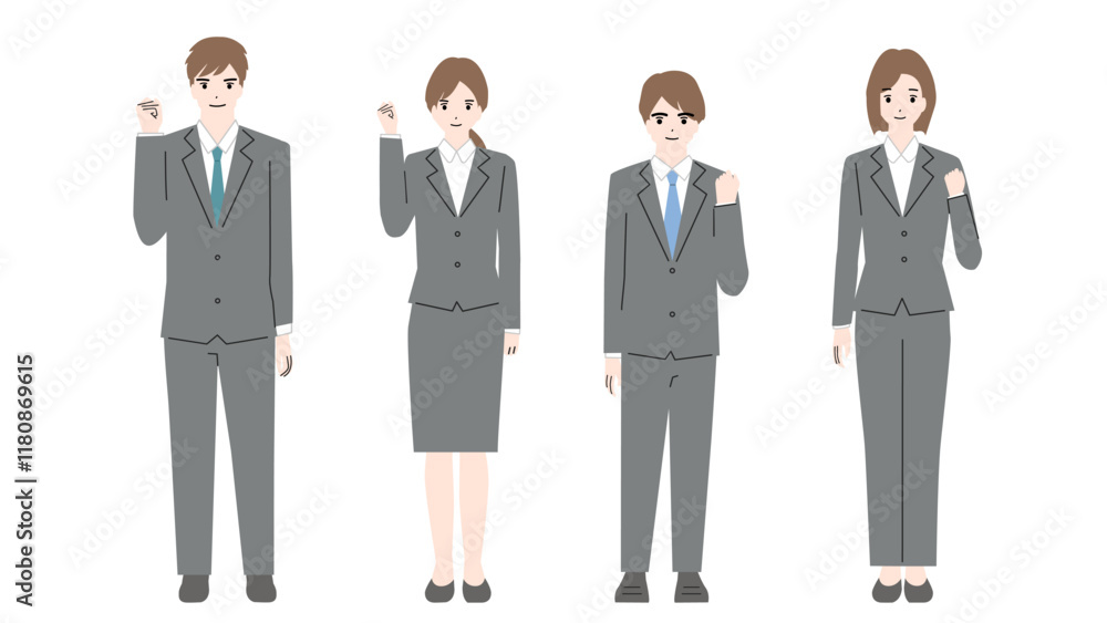 ガッツポーズをしているスーツ姿の若い男女の全身イラスト ガッツポーズをしているスーツ姿の若い男女の全身イラスト