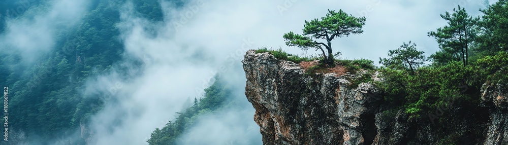 Lone tree on rocky cliff edge, surrounded by misty mountains and cloudy sky. Lone tree on rocky cliff edge, surrounded by misty mountains and cloudy sky.