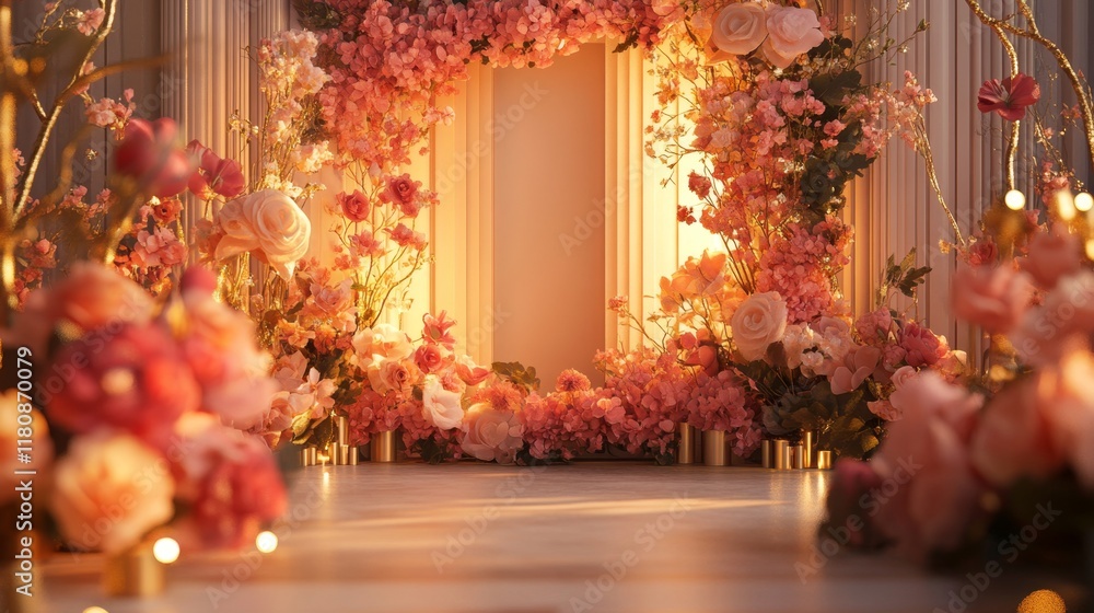 Enchanting 3D Romantic Product Display Surrounded by Floral Arrangement in Warm Pink and Gold Tones Enchanting 3D Romantic Product Display Surrounded by Floral Arrangement in Warm Pink and Gold Tones