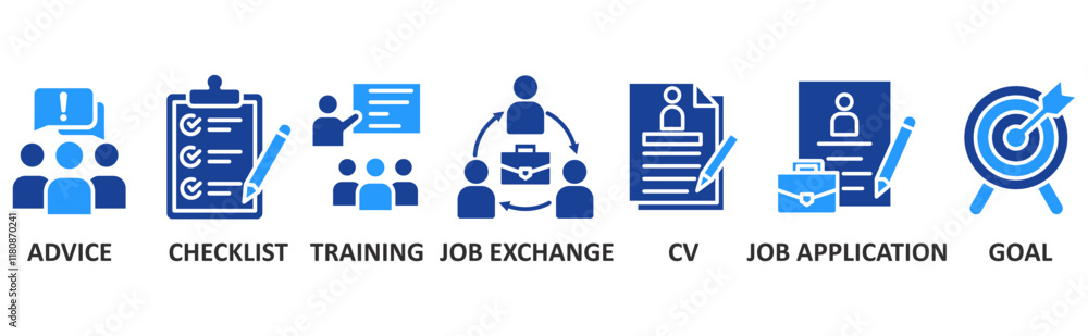 Obraz premium Career icon set illustration concept with icon of advice,checklist,training,job exchange,cv,job apllication,goal 