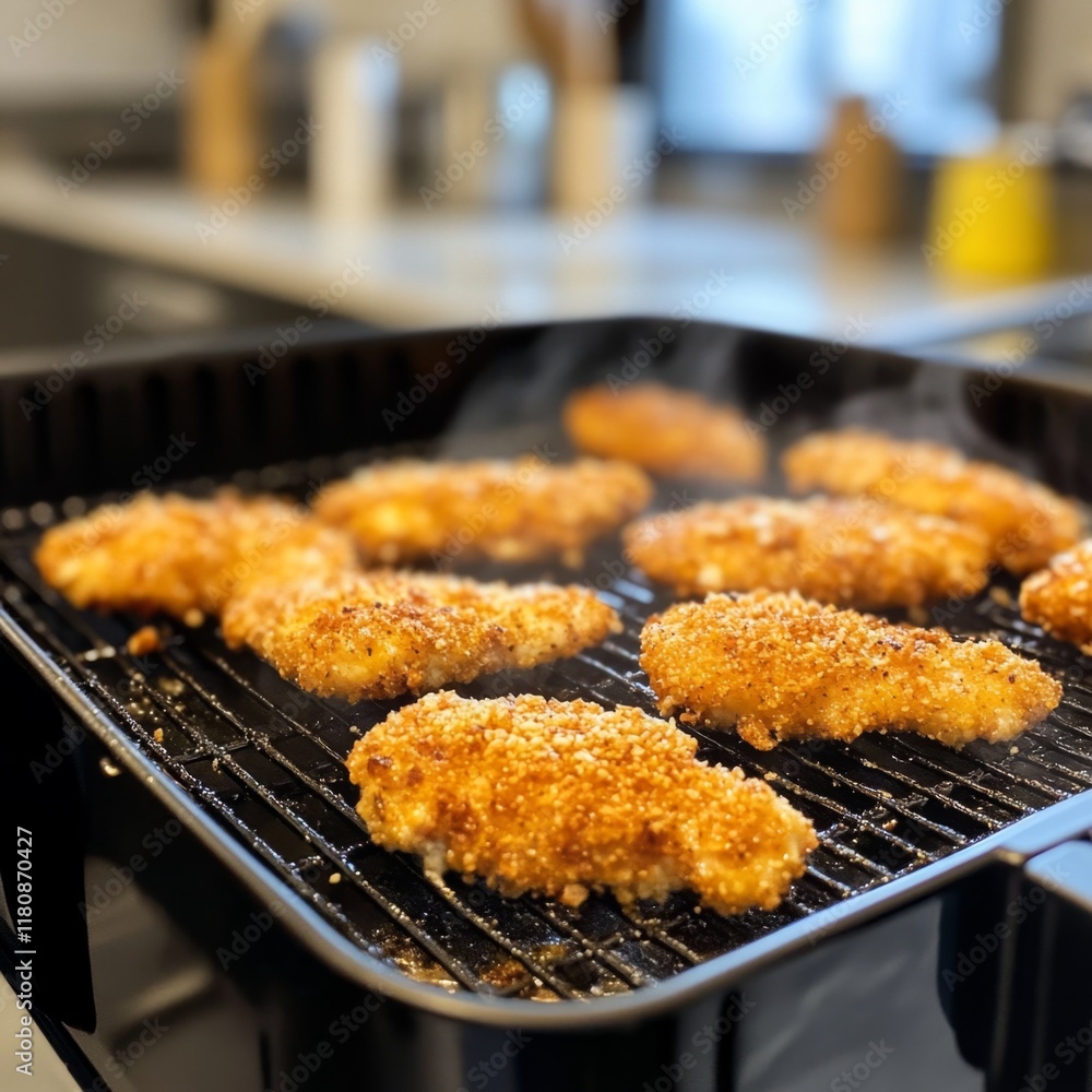 Breaded Chicken Cooking on Grill Pan with Kitchen Countertop in Background View from Above Breaded Chicken Cooking on Grill Pan with Kitchen Countertop in Background View from Above